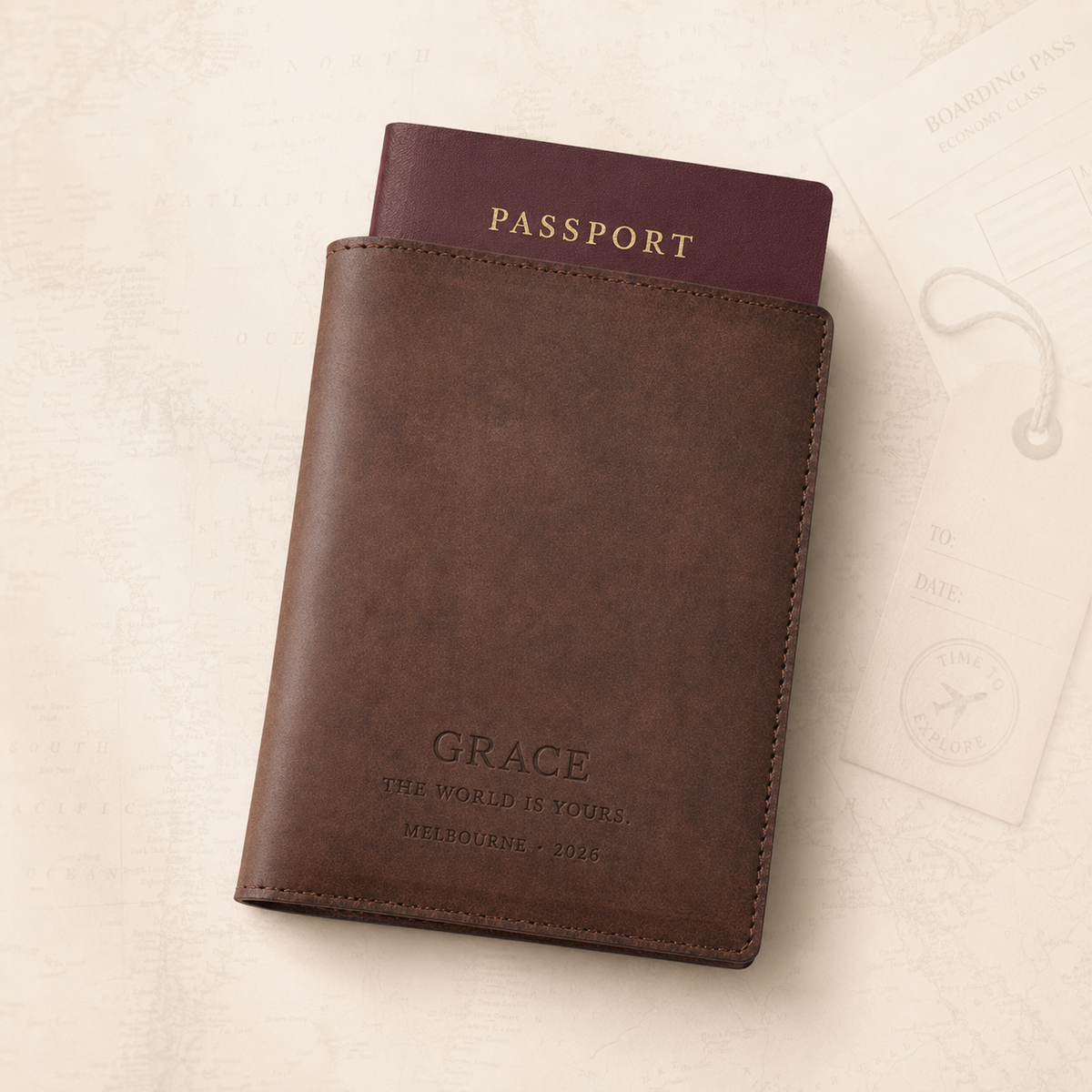 Brown personalised leather passport holder on a vintage map background