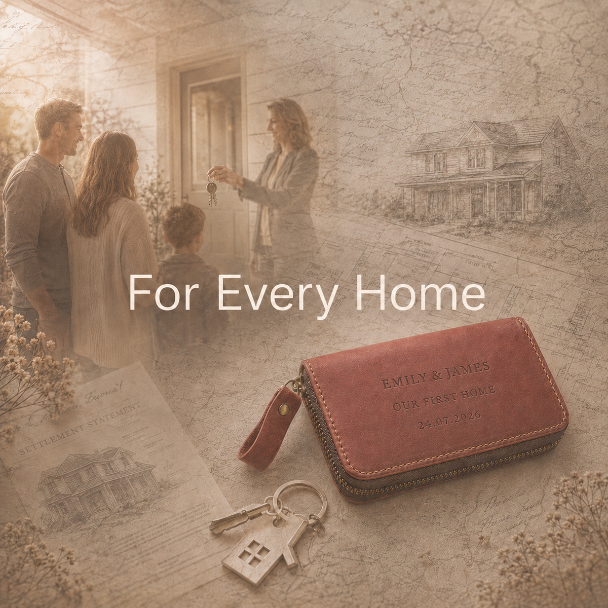 Personalised leather key pouch with house keys as a thoughtful new home gift