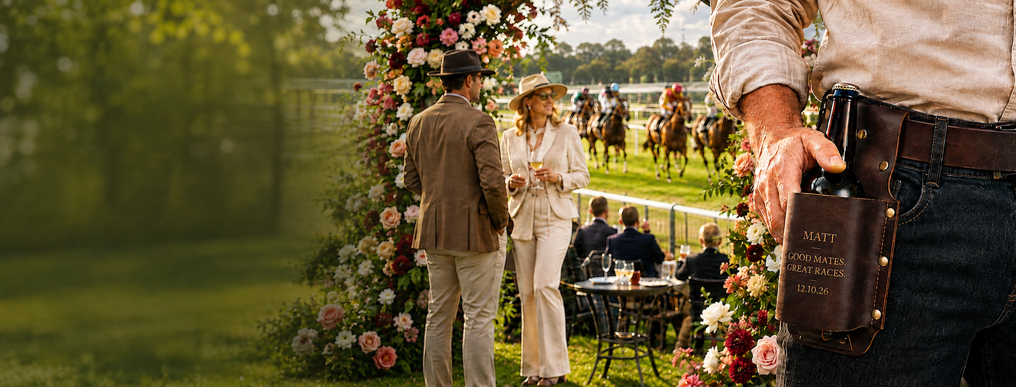 Personalised leather race day gifts at a Melbourne horse racing event