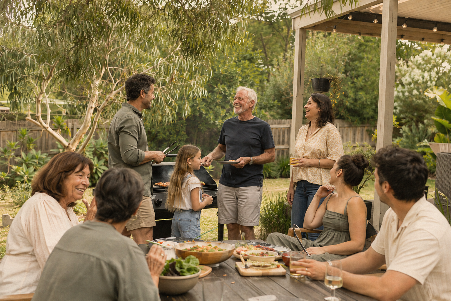 Family and friends sharing laughter at an Australian backyard BBQ