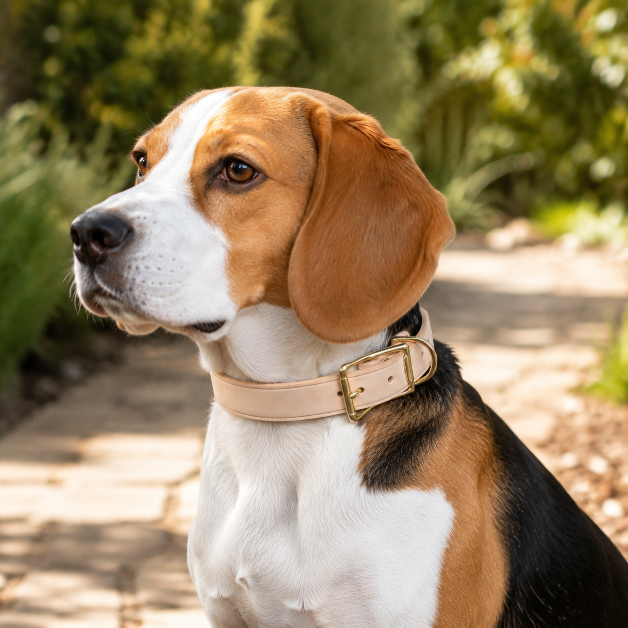 Beagle wearing a natural vegetable-tanned leather dog collar with solid brass buckle