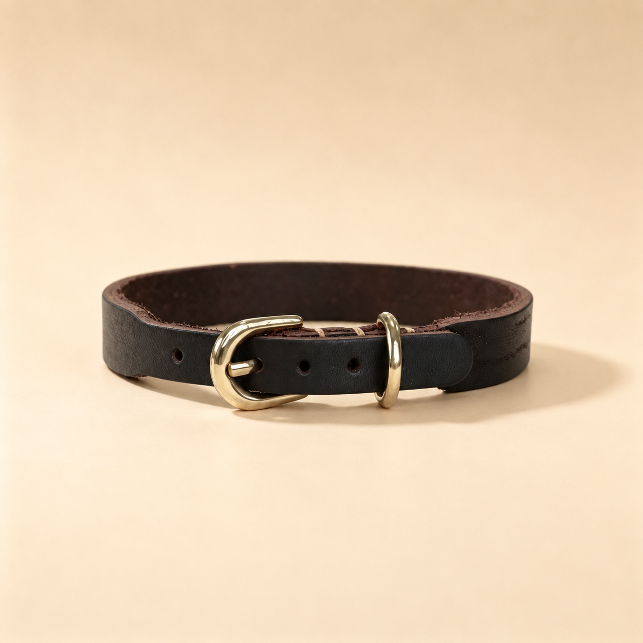 Black full-grain leather dog collar with adjustable buckle holes and pale-gold D-ring