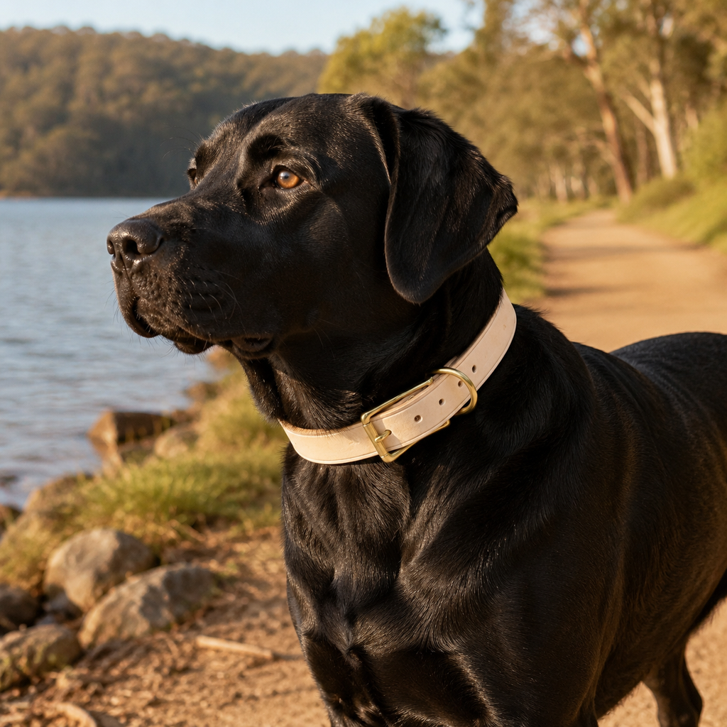 Black Labrador wearing a natural vegetable-tanned leather dog collar by a lake