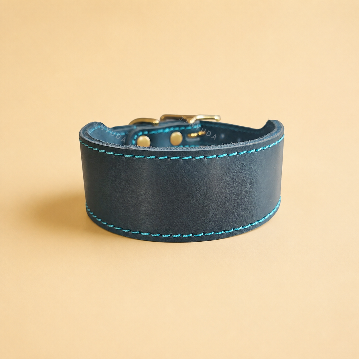 Blue wide-centre top-grain leather Greyhound and sighthound collar with reinforced stitching