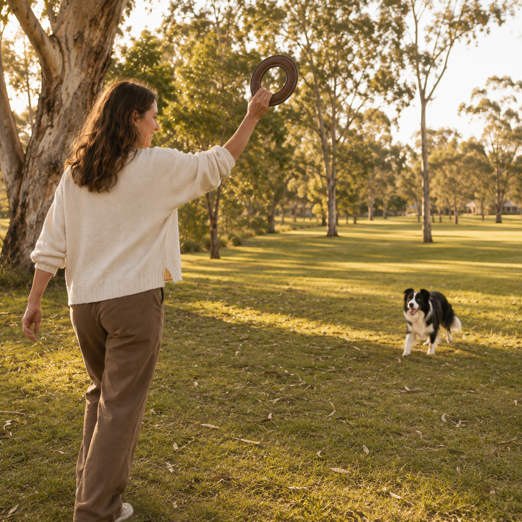 Woman playing fetch with a Border Collie using a suede leather flying ring in the park