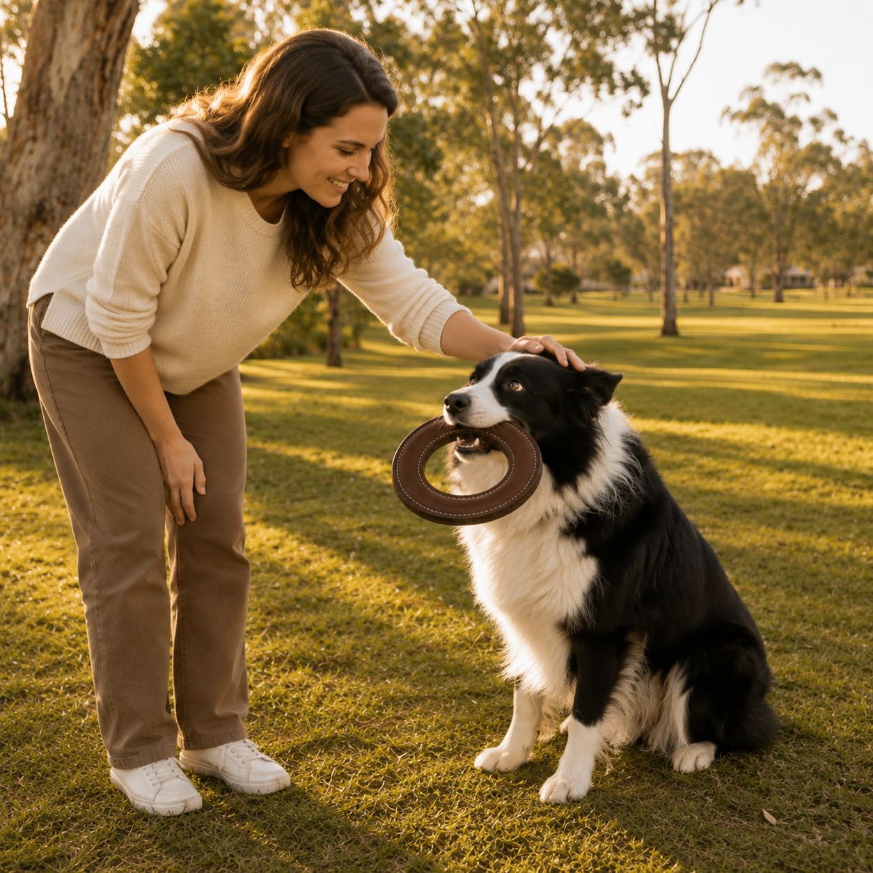 Border Collie holding a suede leather flying ring after supervised fetch play in the park