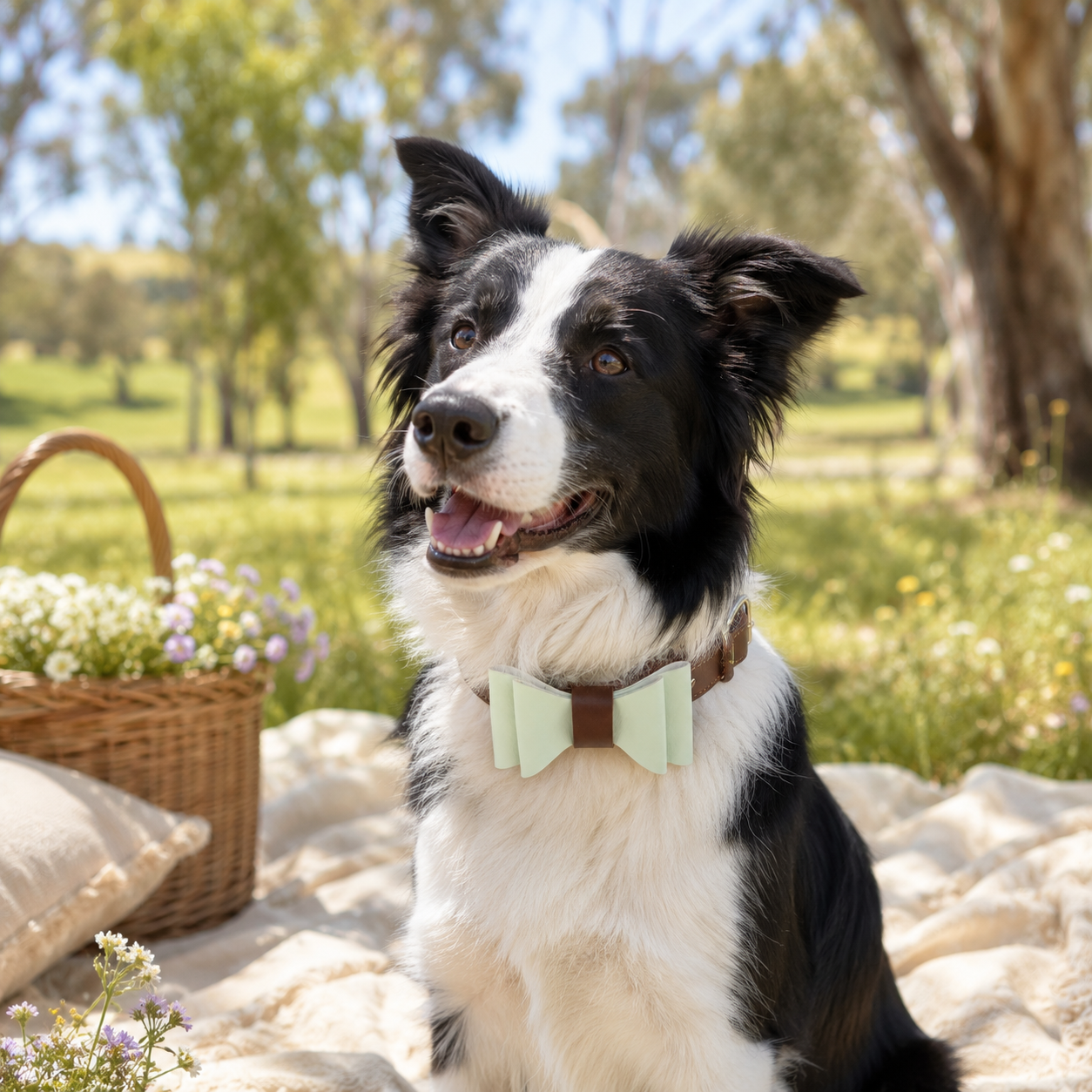 Border Collie wearing a full-grain leather dog collar with a mint green microfibre bow tie at an outdoor picnic.