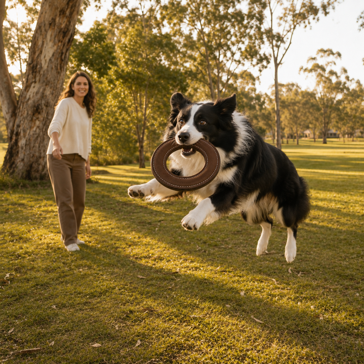Border Collie running across a park while carrying a suede leather flying ring