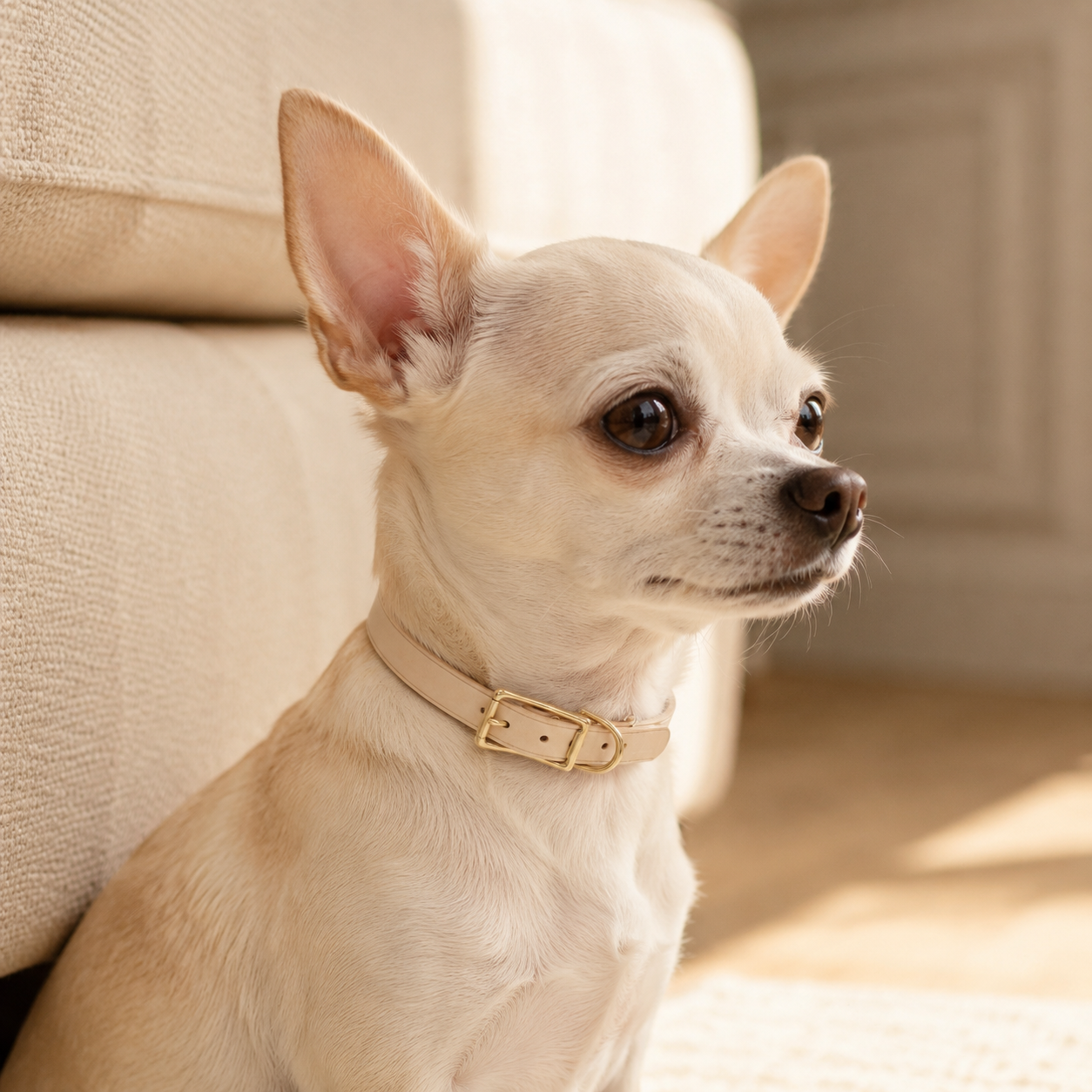 Cream Chihuahua wearing a natural vegetable-tanned leather dog collar