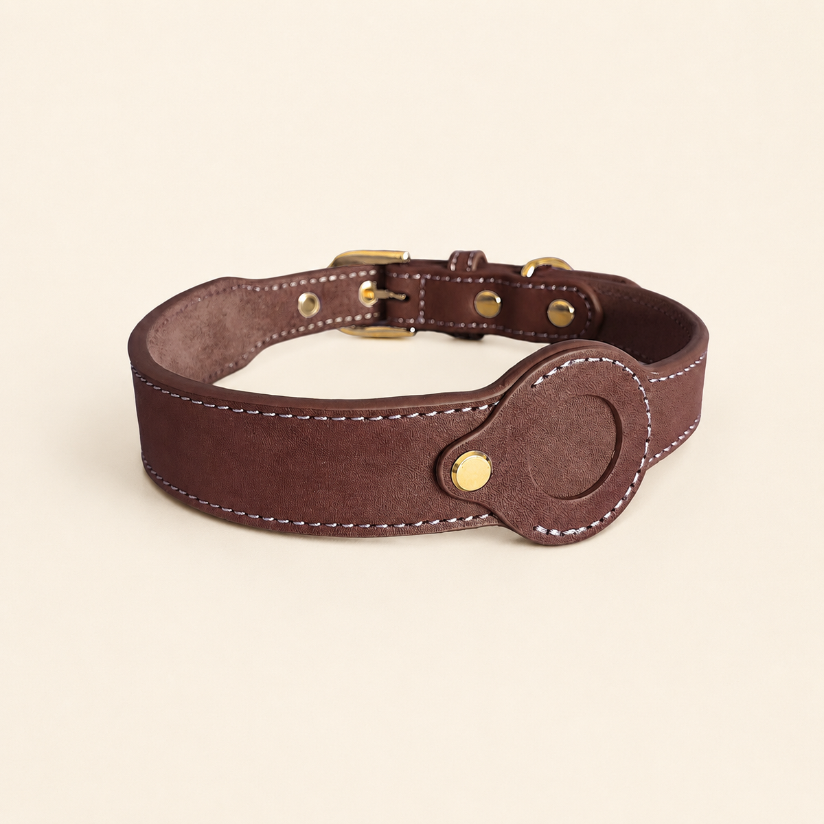 Chocolate dog collar showing the removable leather AirTag holder without an AirTag installed