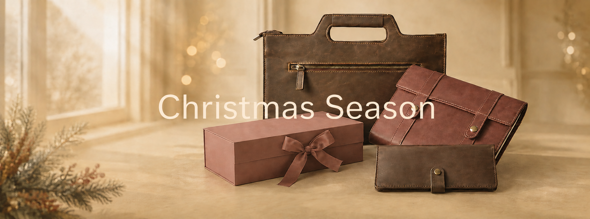 Leather briefcase, journal and key pouch displayed with a ribbon gift box for the Christmas gift collection