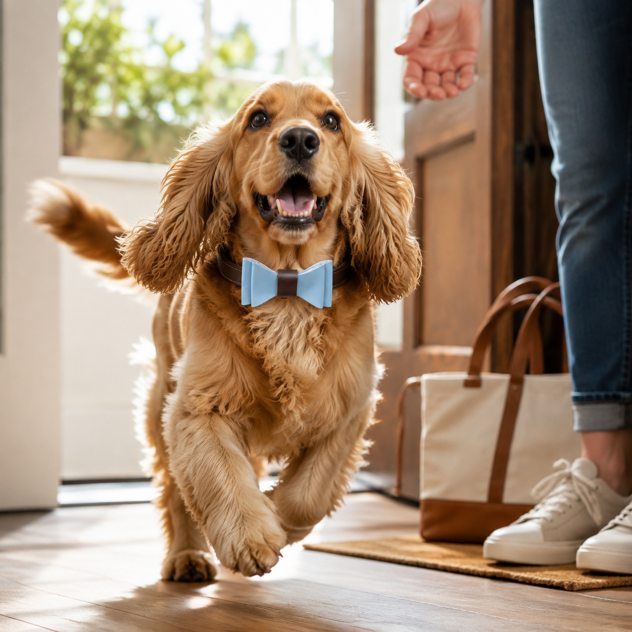 Happy Cocker Spaniel wearing a full-grain leather dog collar with a light blue microfibre bow tie at home.