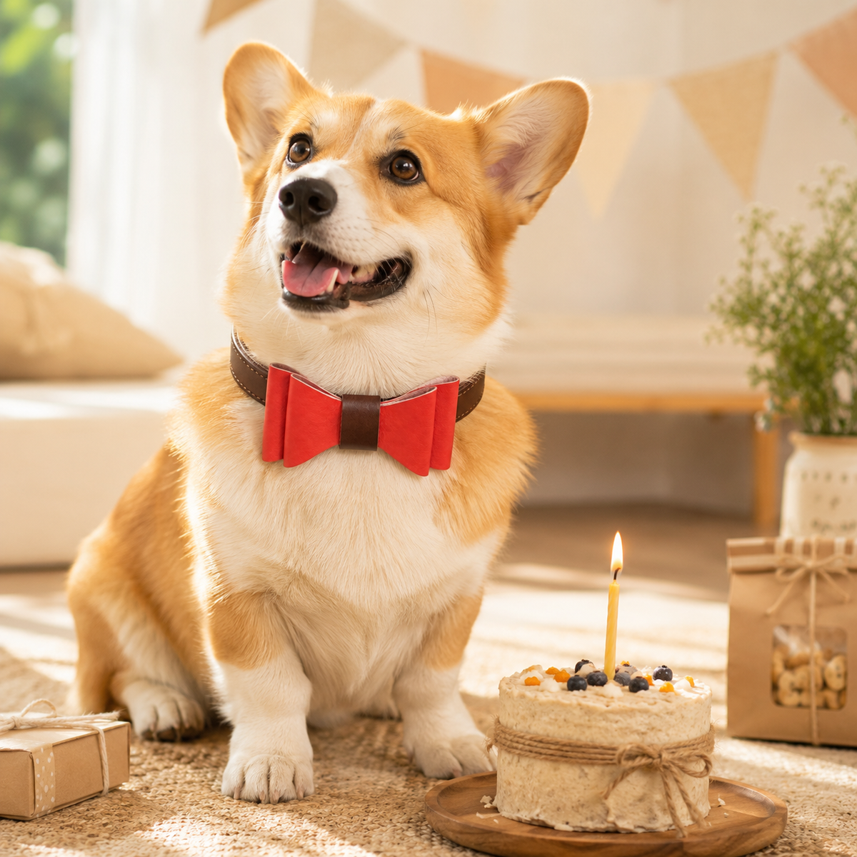 Corgi wearing a full-grain leather dog collar with a red microfibre bow tie beside a dog birthday cake and gifts.