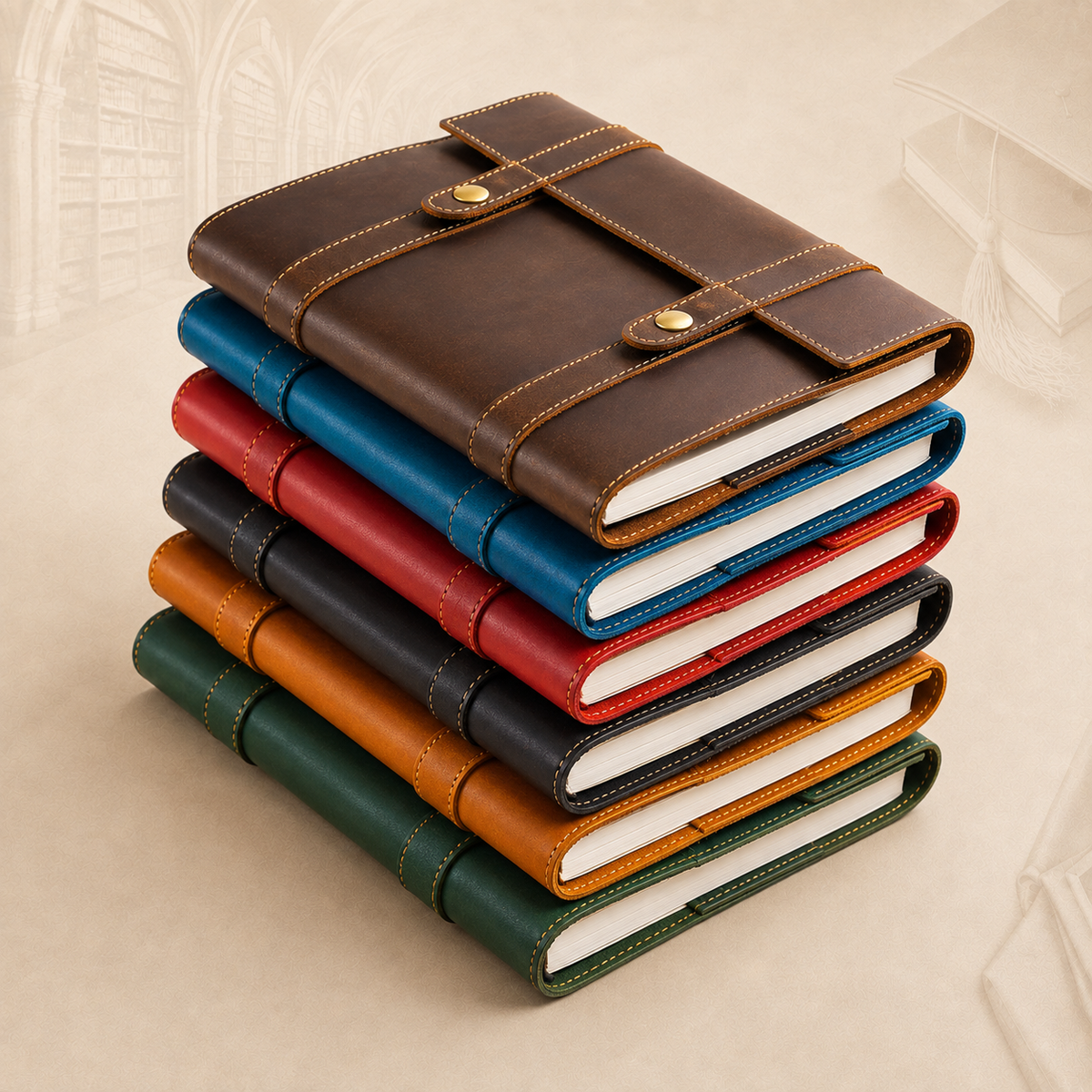 Stack of full-grain Crazy Horse leather A5 journals in six colours