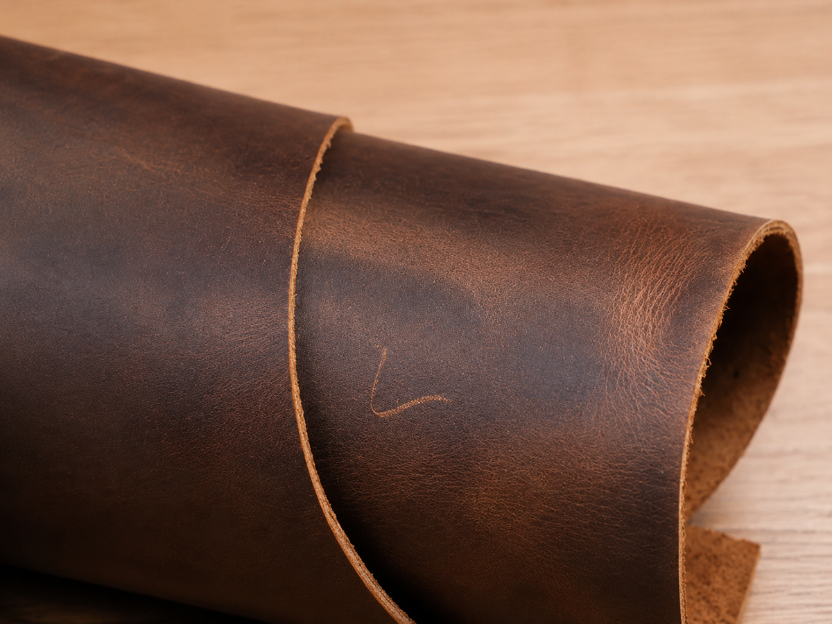 Rolled Crazy Horse leather showing its substantial cut edge, suede underside and flexible structure