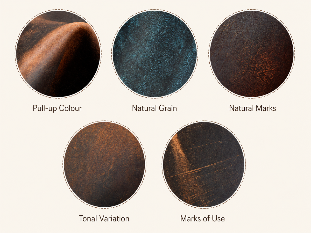 Crazy Horse leather showing pull-up colour, natural grain, tonal variation and marks of use as expected material characteristics