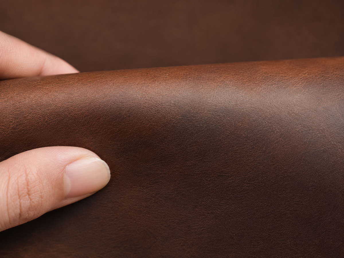 Crazy Horse leather bent by hand to demonstrate its flexible feel and distinctive pull-up colour effect