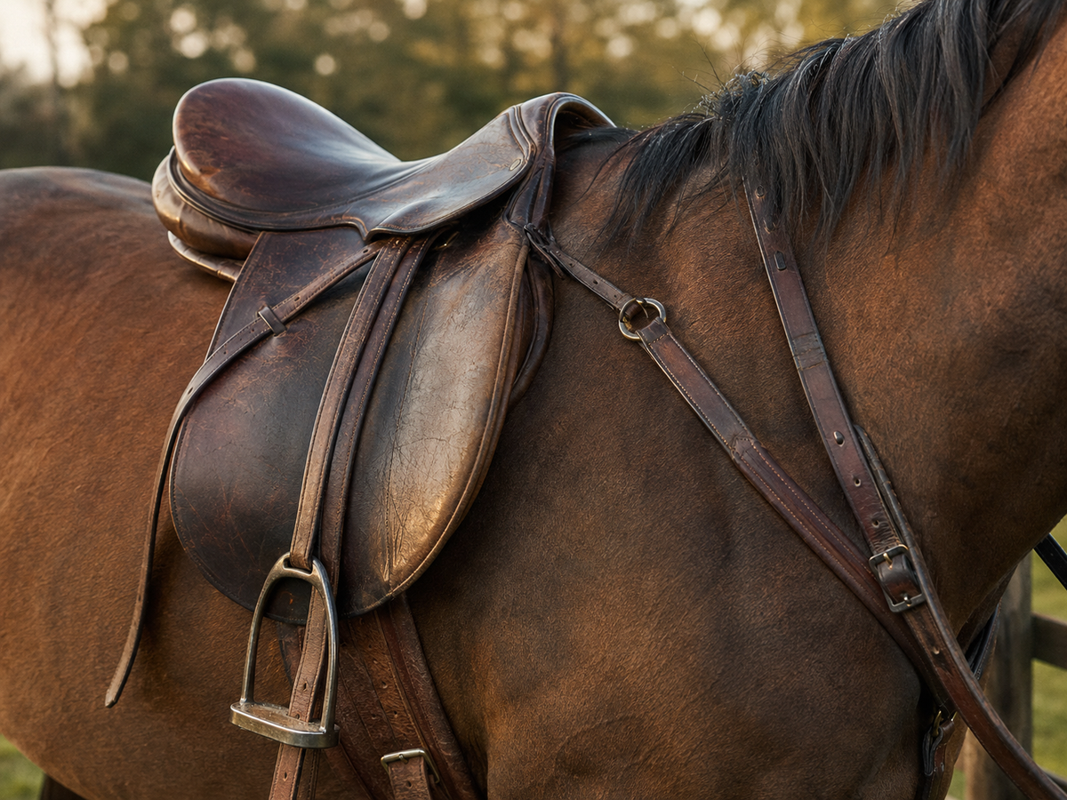Weathered brown leather saddle illustrating the durable equestrian uses traditionally associated with Crazy Horse leather