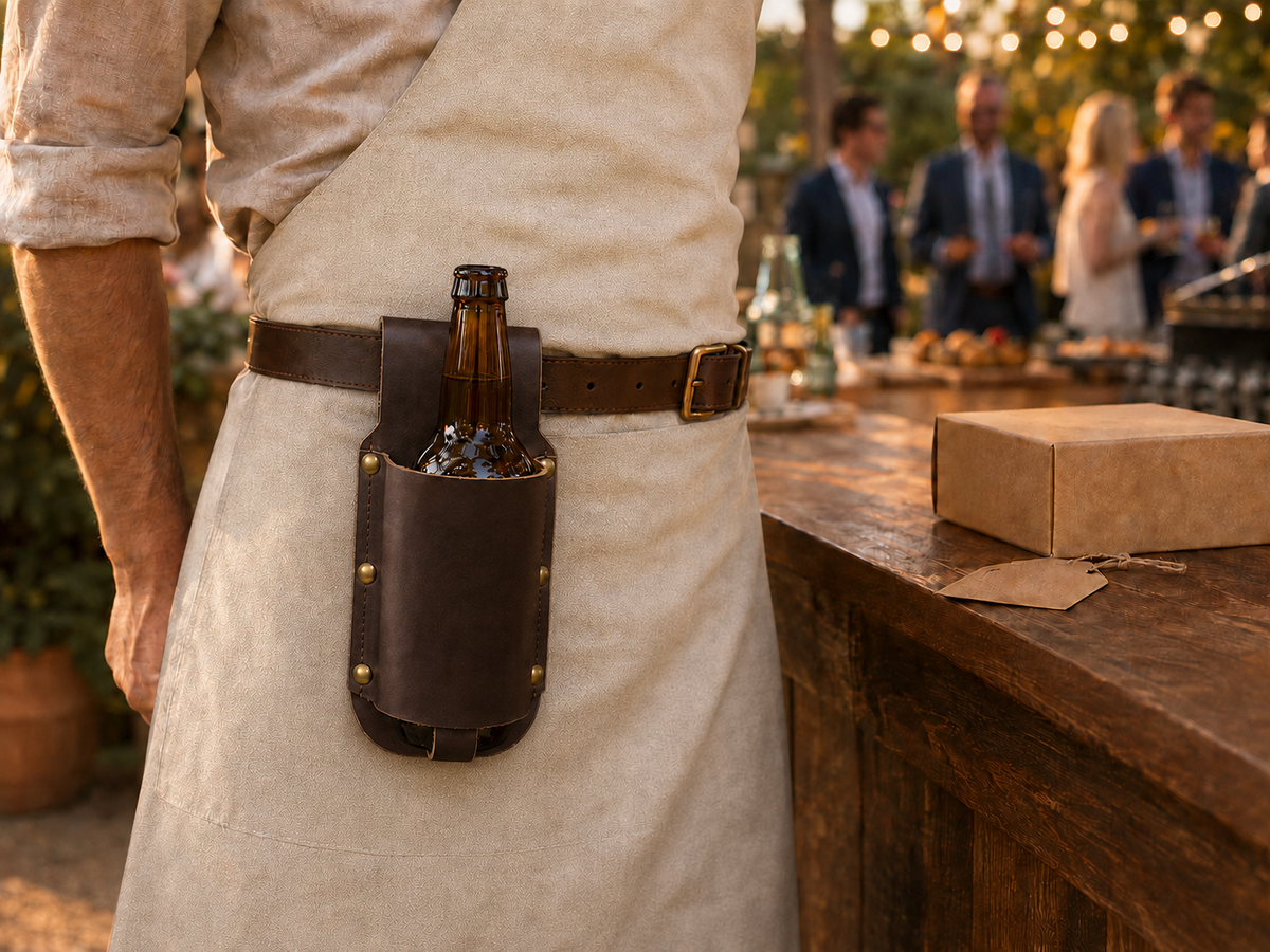 Leather bottle holder worn by hospitality staff for hands-free service at restaurants, hotels and catered events