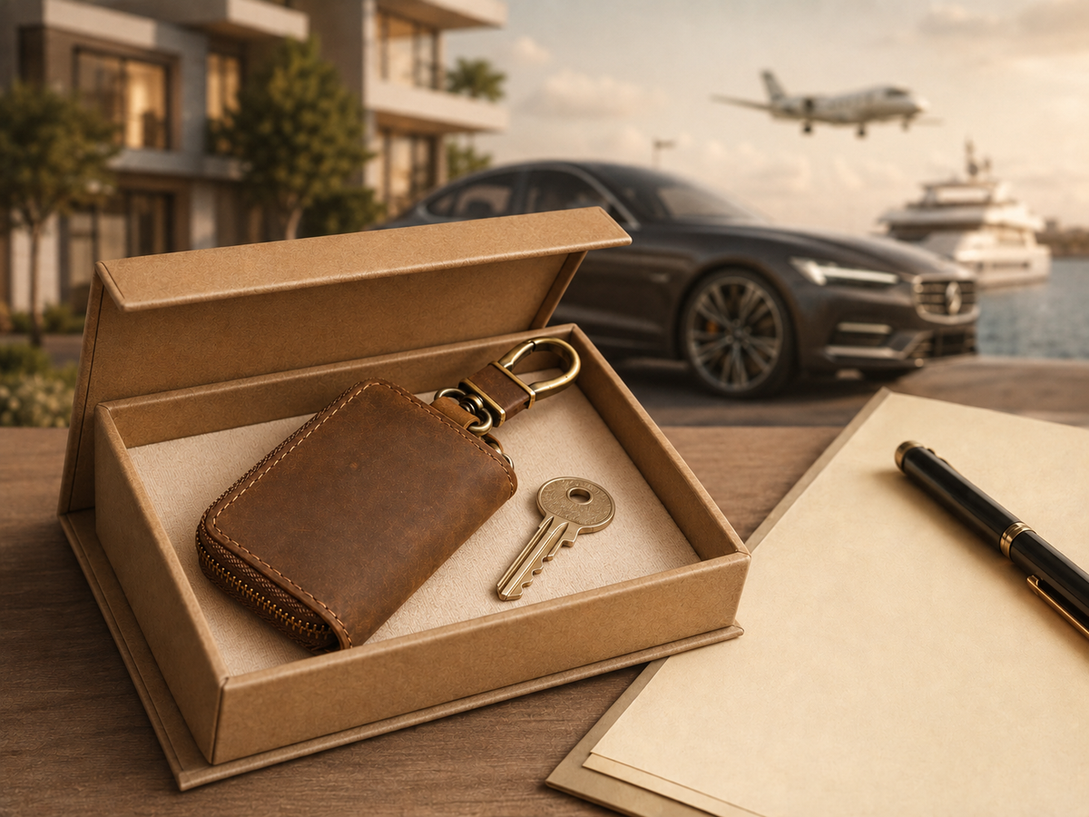 Custom leather key case gift presented for luxury vehicle, property, aircraft or yacht handovers