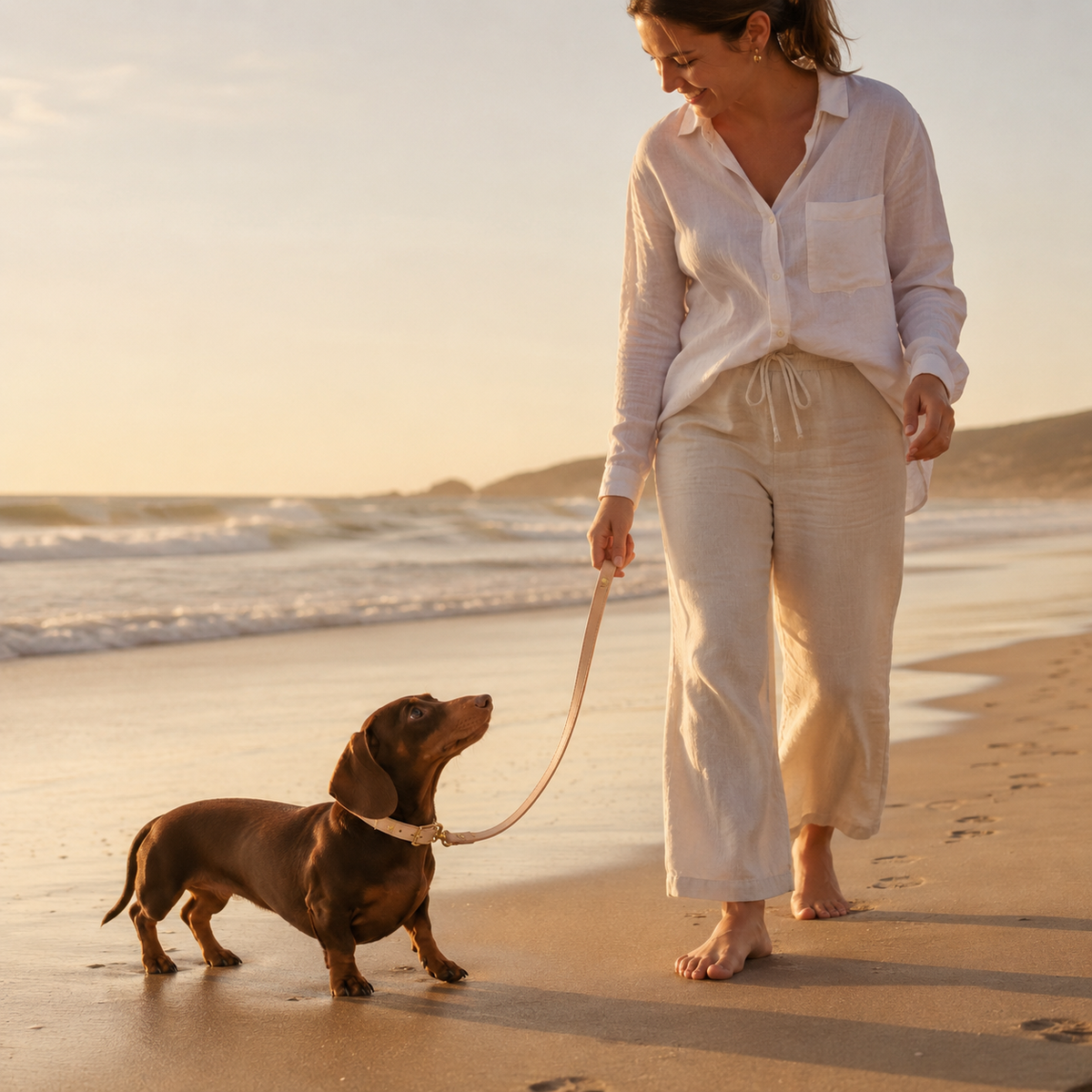 Dachshund walking on the beach with a natural vegetable-tanned leather dog leash