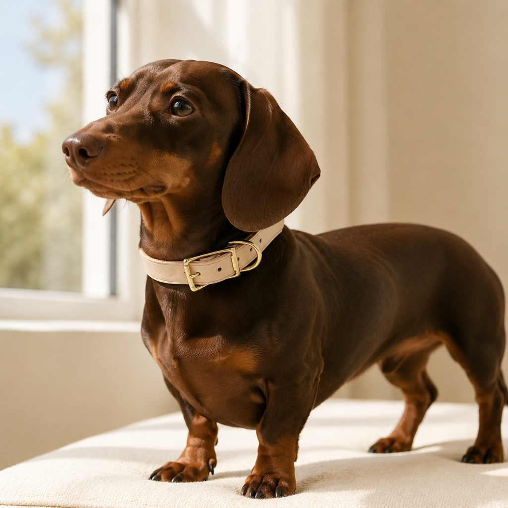 Brown Dachshund wearing a vegetable-tanned leather dog collar with solid brass hardware