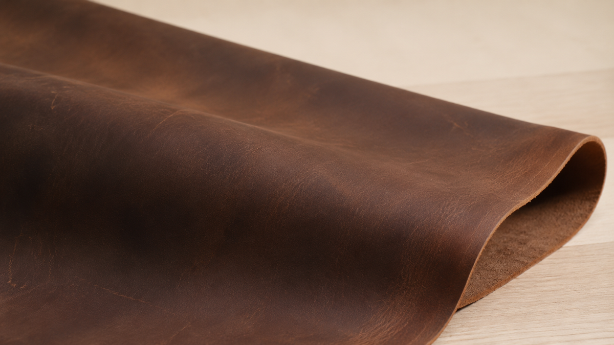 Dark brown full-grain Crazy Horse leather showing its natural grain, waxed finish and distinctive pull-up markings