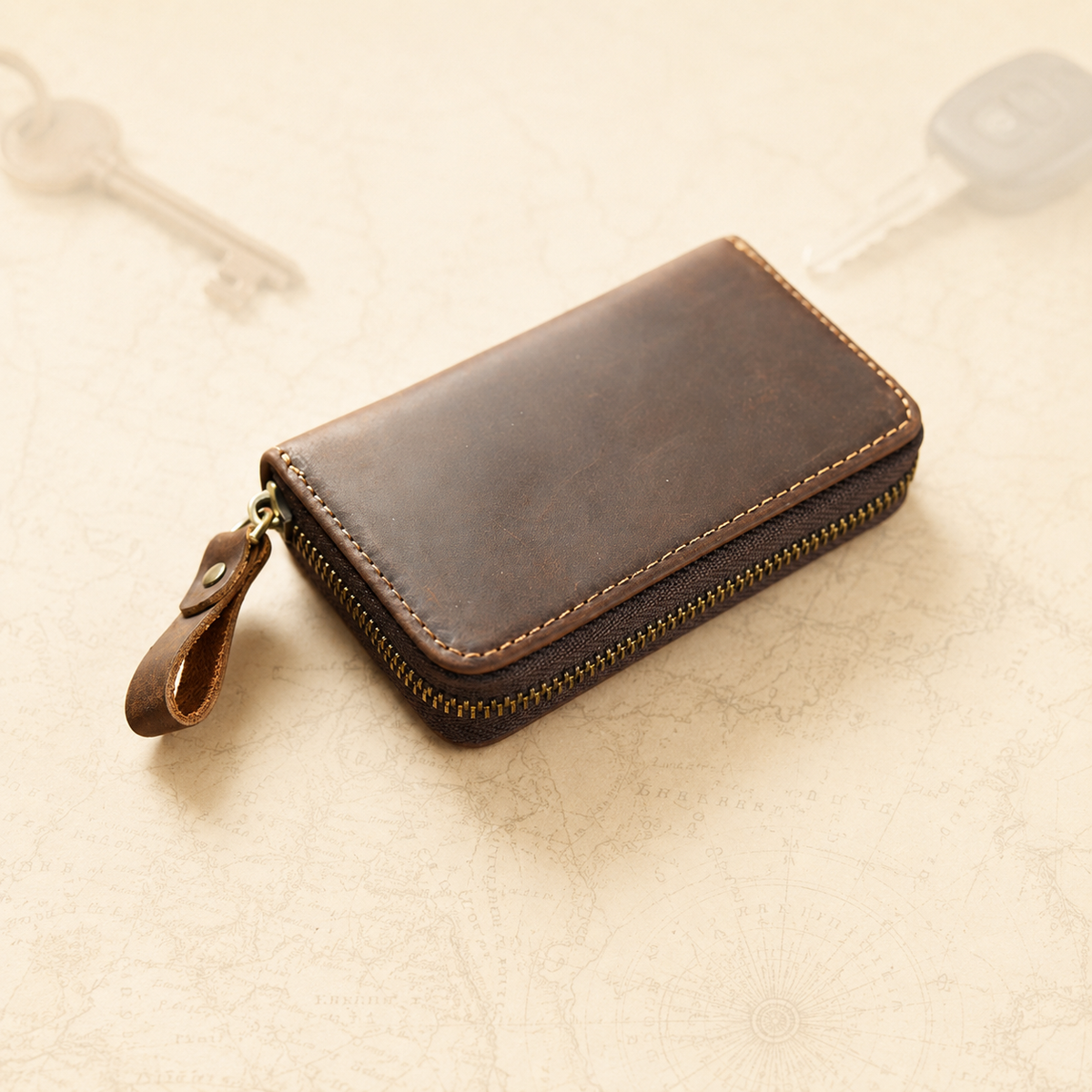 Dark chocolate full-grain Crazy Horse leather key pouch with zip and detachable wrist strap