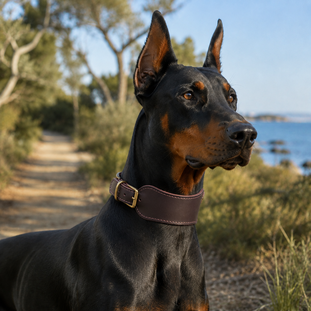 Doberman wearing a wide contoured brown top-grain leather collar with solid brass hardware