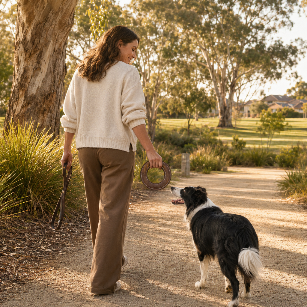 Woman walking a Border Collie while carrying a suede leather flying ring for outdoor play
