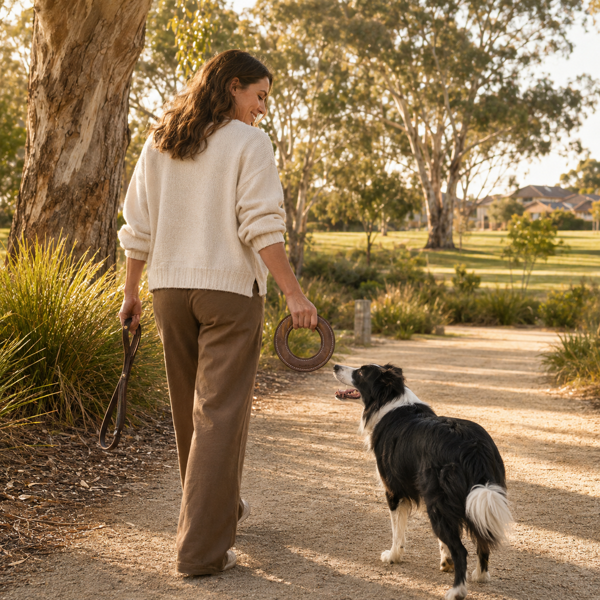 Woman walking a Border Collie while carrying a suede leather flying ring for outdoor play