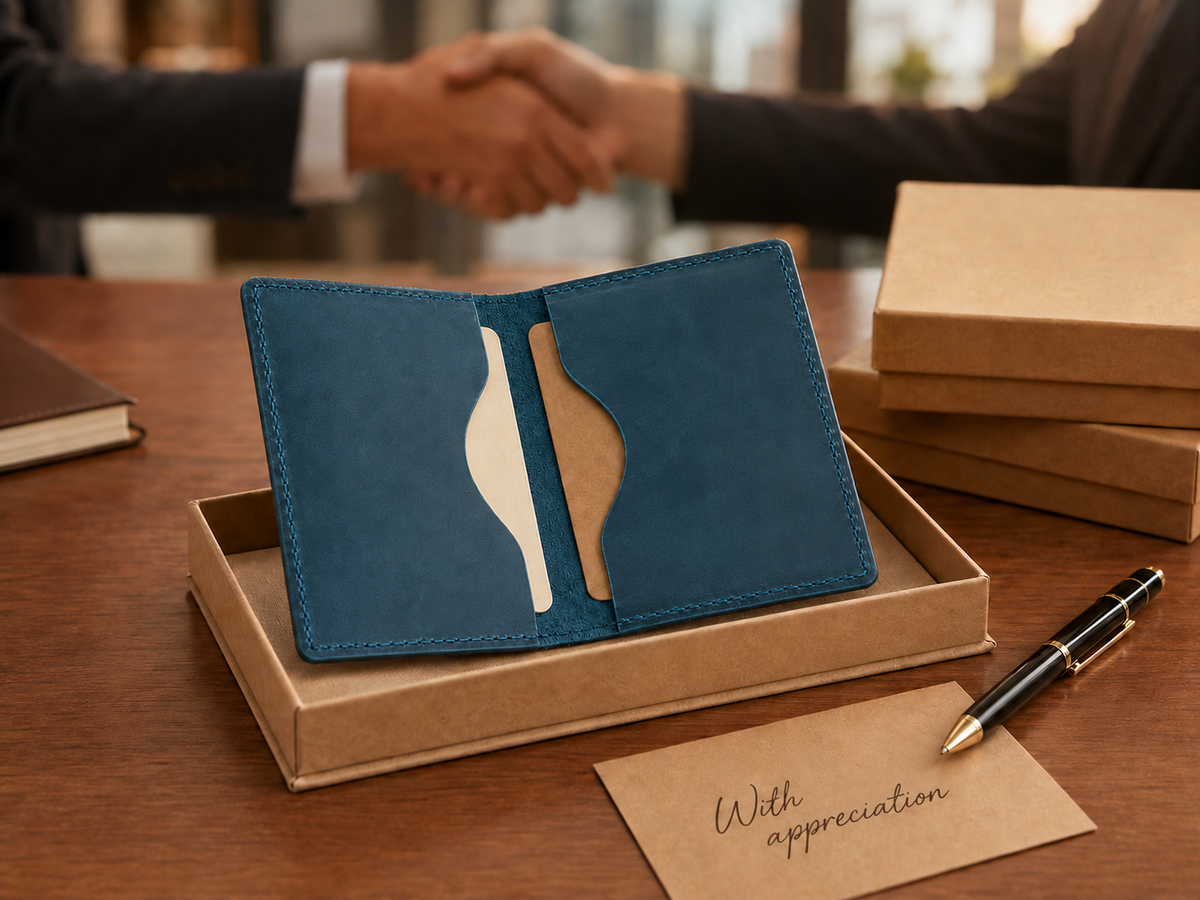 Leather card holder presented as an appreciation gift for employees and business partners following a professional handshake