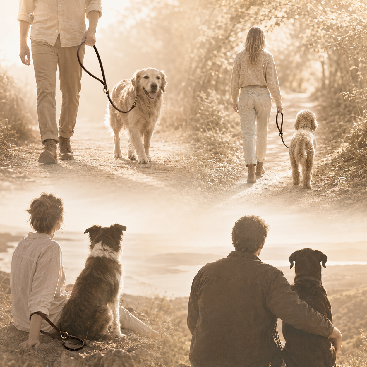 Dogs of different sizes enjoying everyday walks with their owners using leather leads