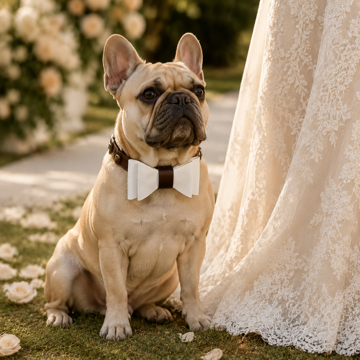 French Bulldog wearing a full-grain leather dog collar with a white microfibre bow tie beside a lace wedding dress.