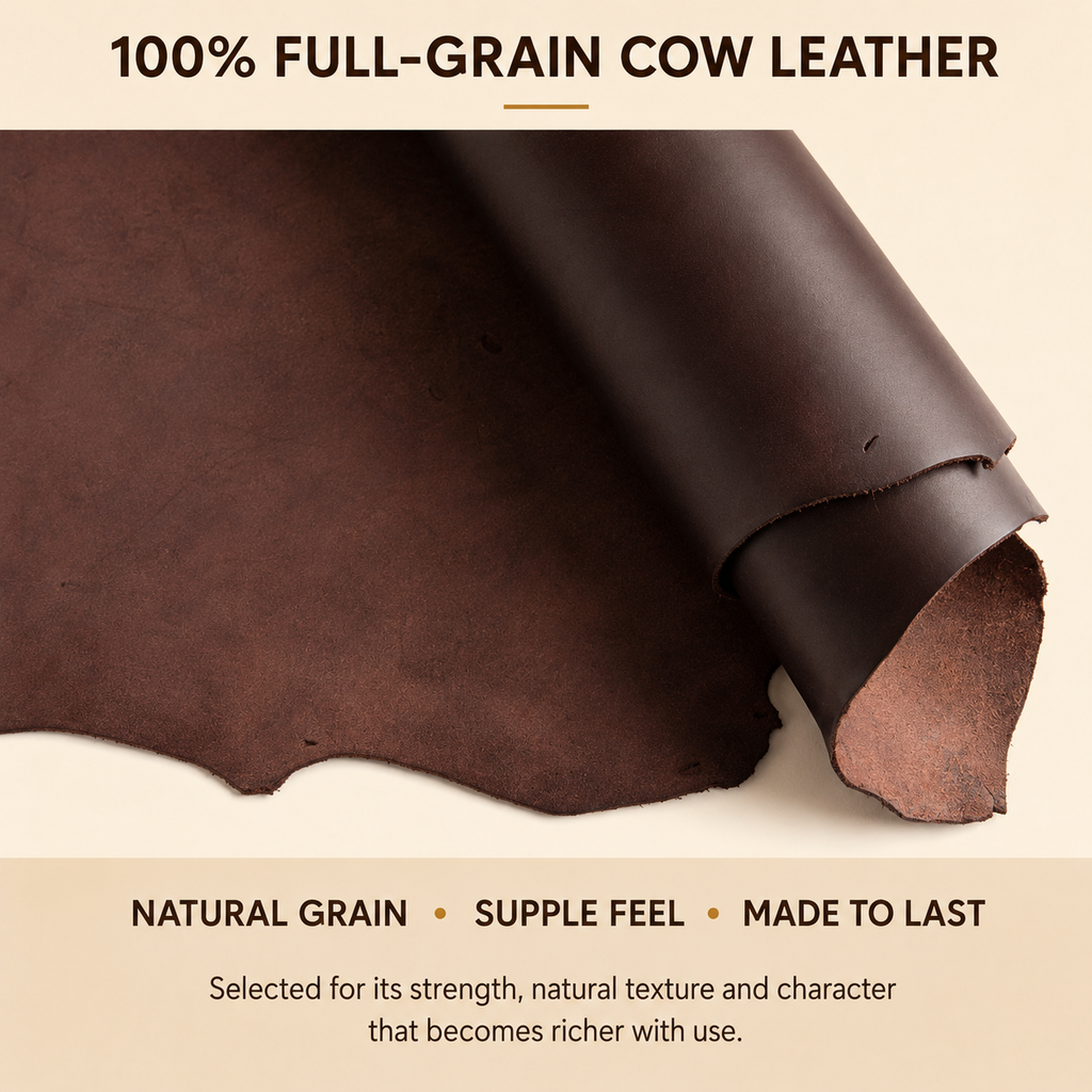 Full-grain cow leather showing its natural grain, supple texture and rich brown finish