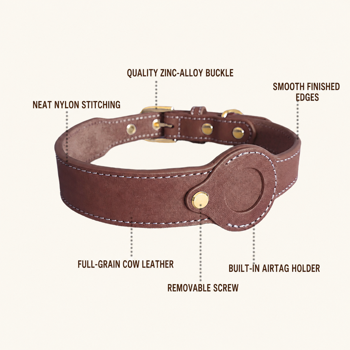 Brown full-grain leather AirTag dog collar with zinc-alloy buckle, smooth edges and removable holder