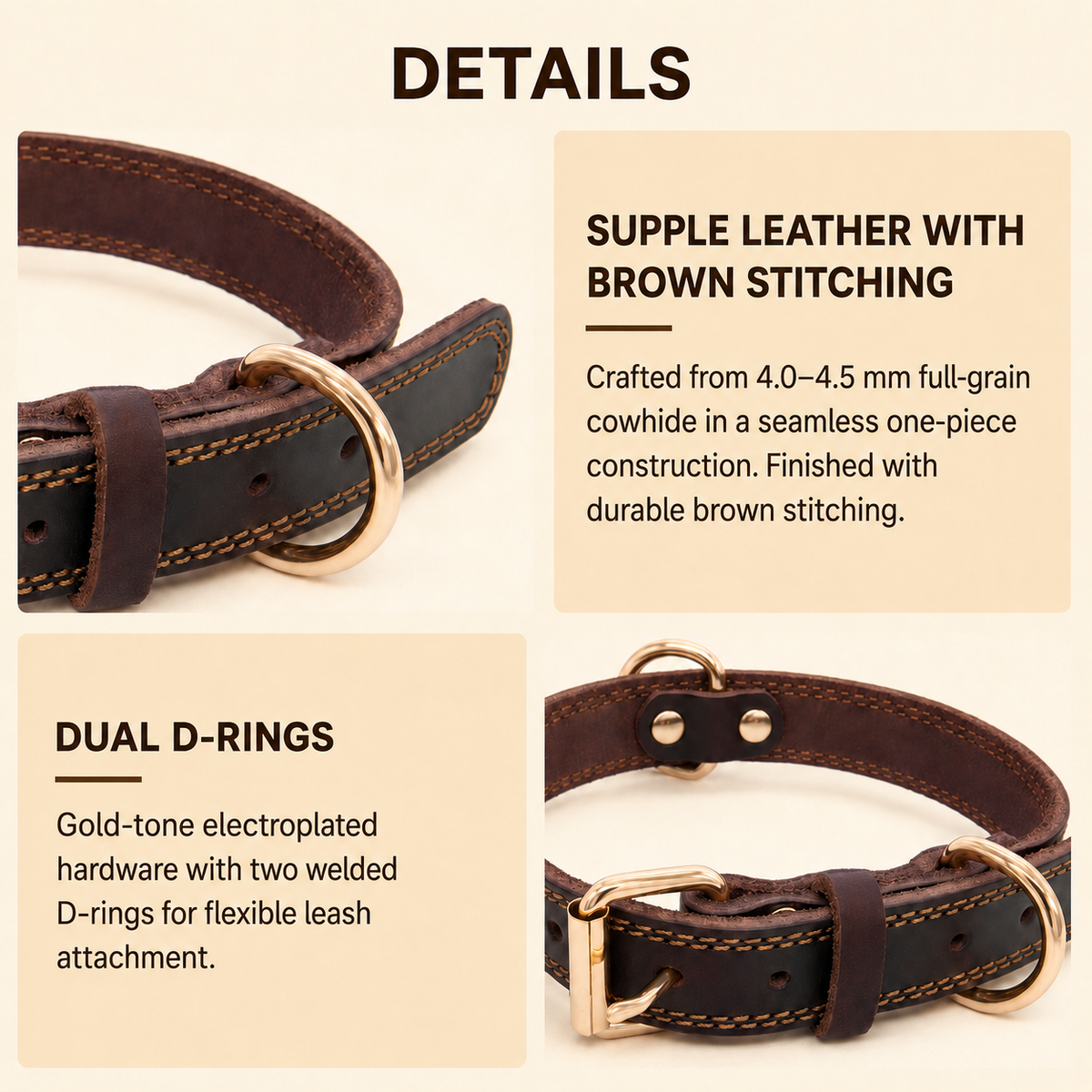 Details of a chocolate full-grain leather dog collar with brown stitching, dual D-rings and gold-tone hardware.