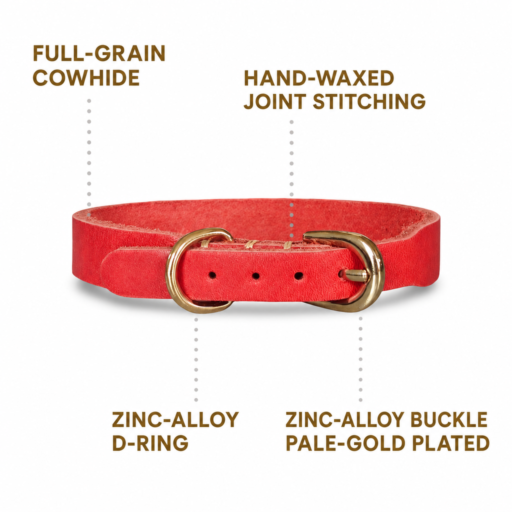 Full-grain cowhide dog collar with hand-waxed stitching, zinc-alloy D-ring and pale-gold buckle