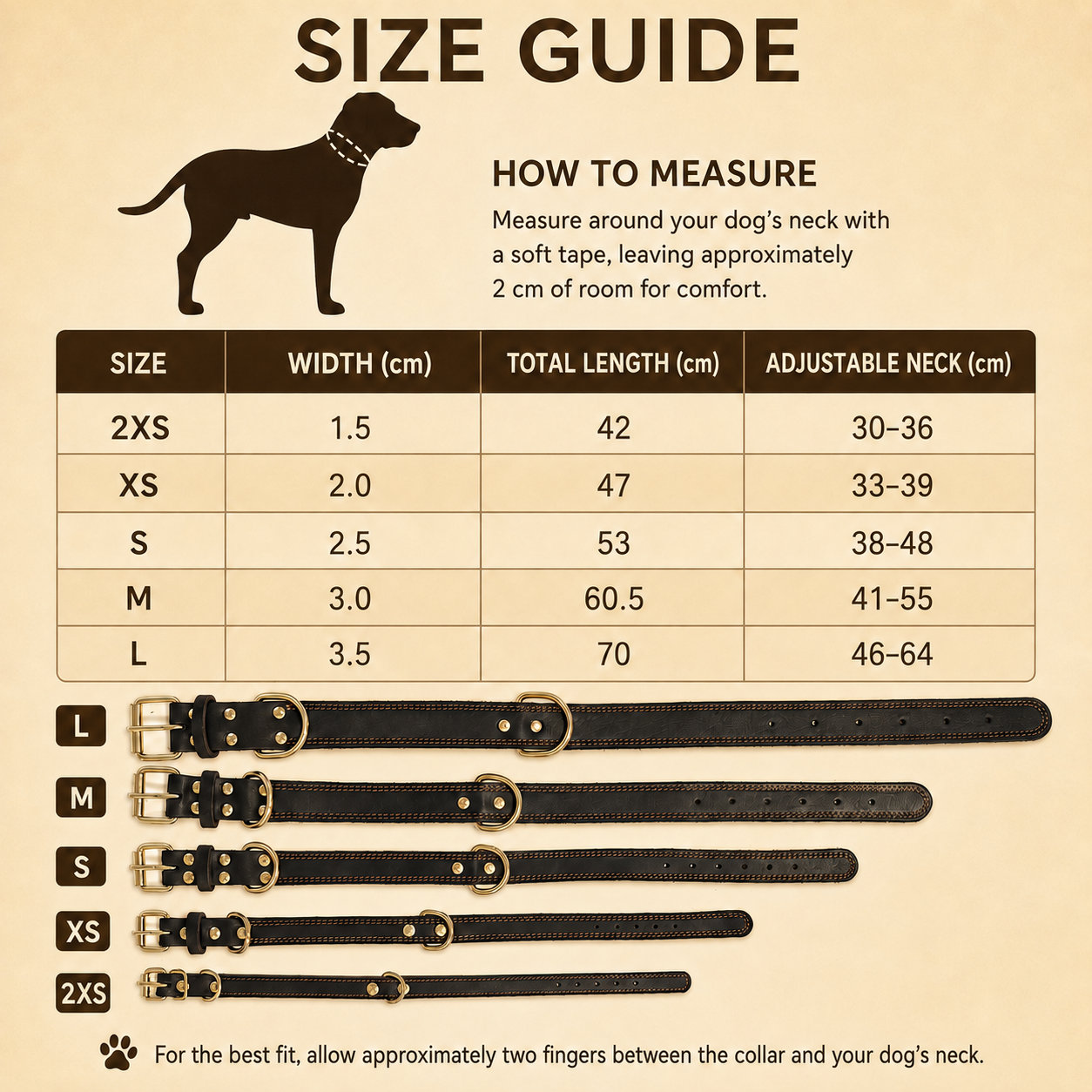 Full-grain leather dog collar size guide with width, total length and adjustable neck measurements from 2XS to L.