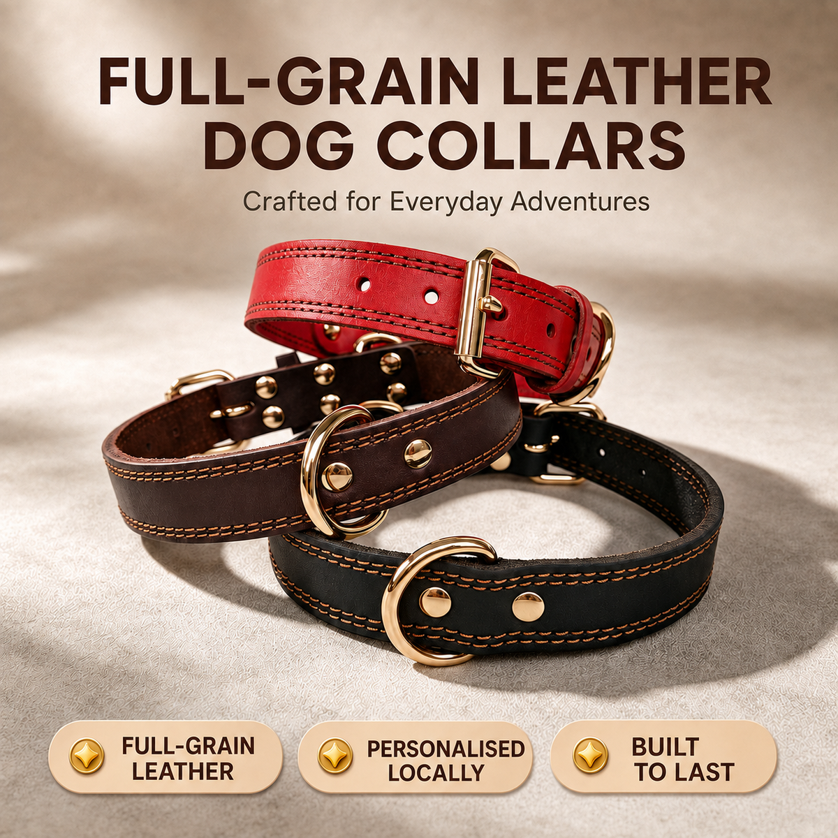 Red, chocolate and black full-grain leather dog collars with dual D-rings, personalised locally in Melbourne.
