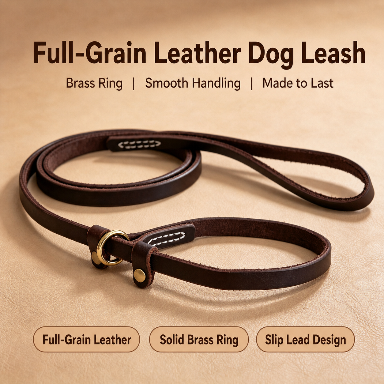 Dark chocolate full-grain leather pull-control slip lead with solid brass ring and dual stopper loops
