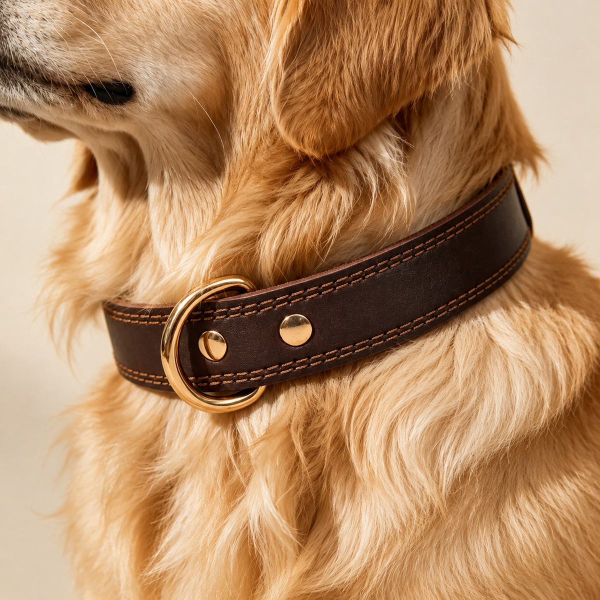 Golden retriever wearing a chocolate full-grain leather dog collar with dual D-rings and gold-tone hardware.