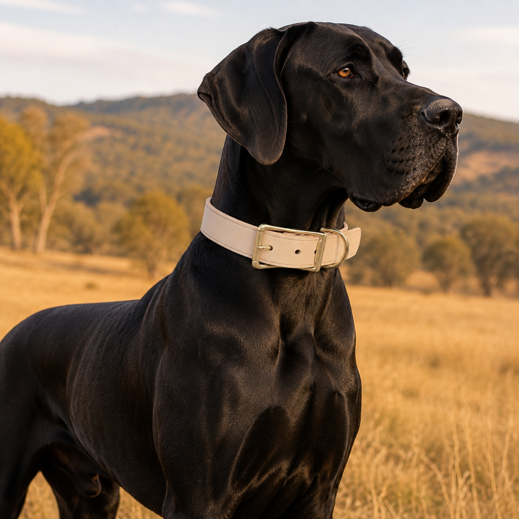 Black Great Dane wearing a natural vegetable-tanned leather dog collar with solid brass hardware