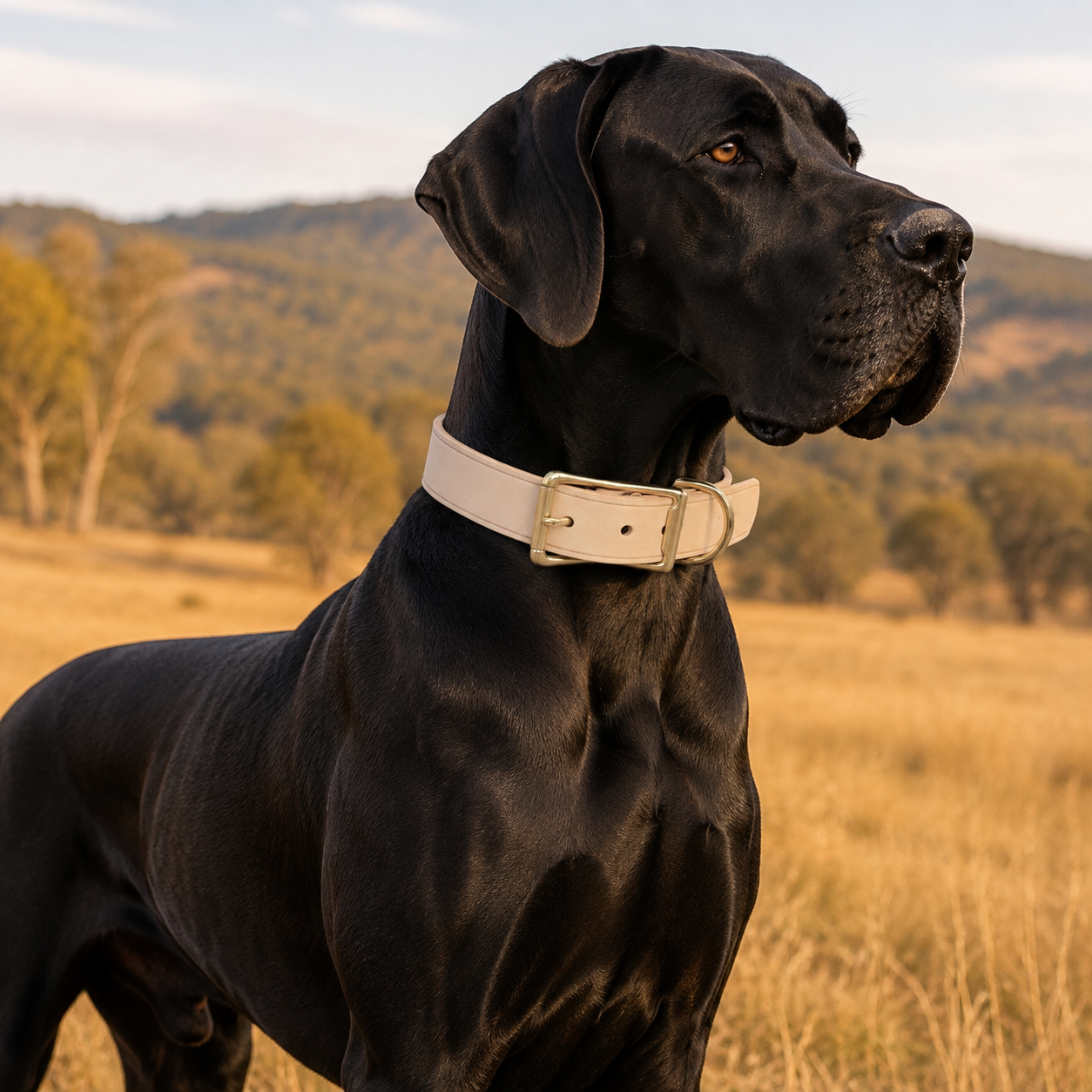 Black Great Dane wearing a natural vegetable-tanned leather dog collar with solid brass hardware