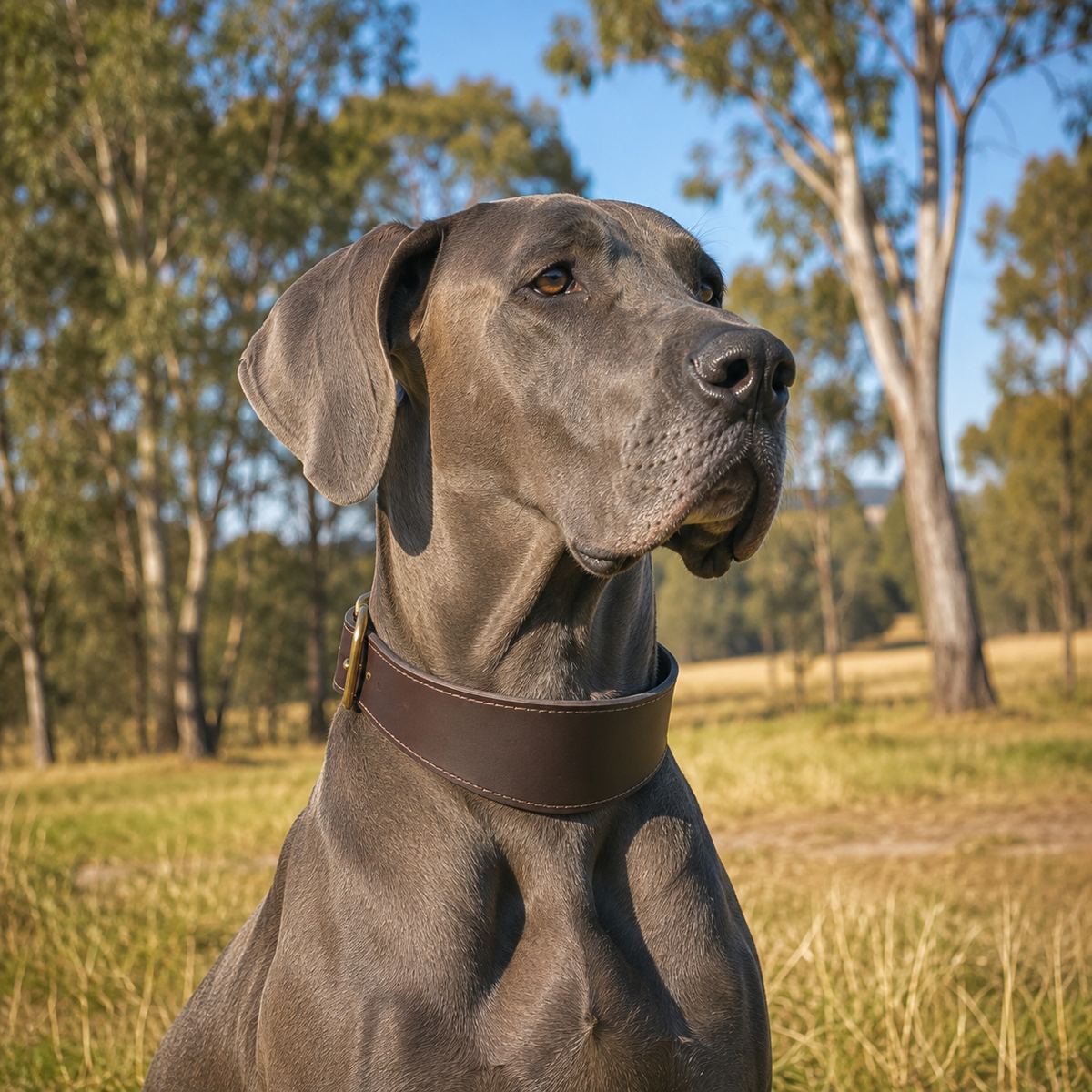 Grey Great Dane wearing a wide brown top-grain leather dog collar outdoors