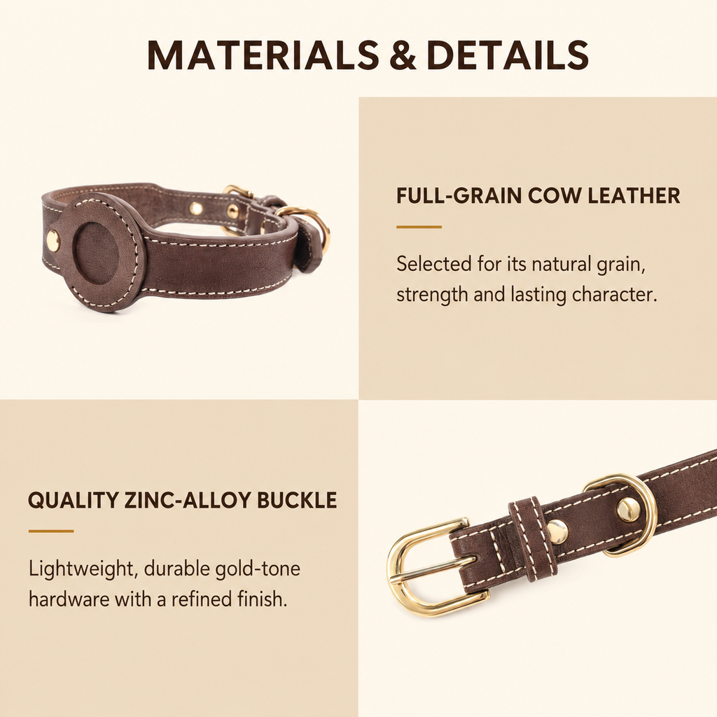 Brown full-grain leather AirTag dog collar with gold-tone zinc-alloy buckle and D-ring