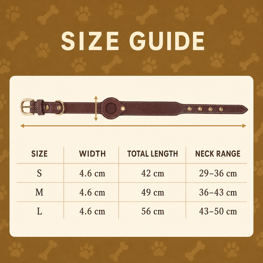 Leather AirTag dog collar size guide for S, M and L with neck ranges from 29 to 50 centimetres