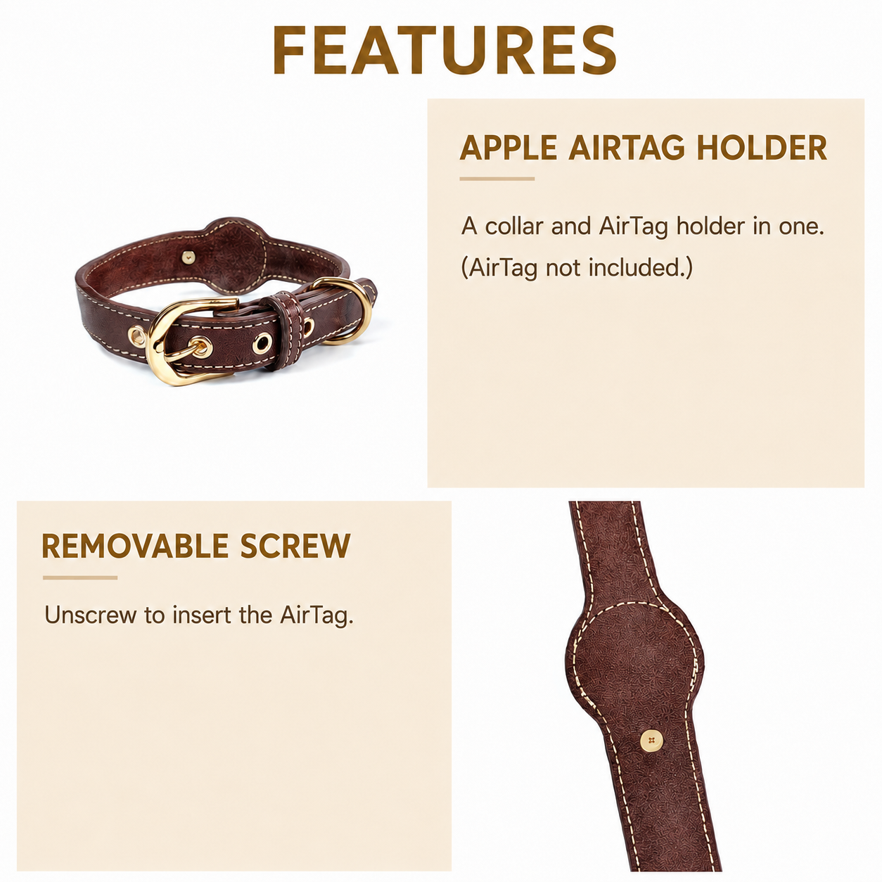Brown leather dog collar with removable screw-fastened AirTag holder