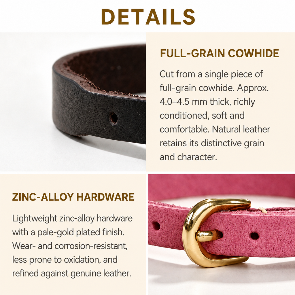 Close-up of 4 to 4.5 millimetre full-grain cowhide and lightweight pale-gold buckle