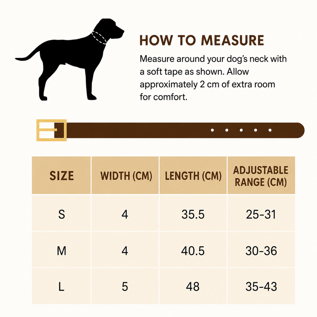 Leather Greyhound and sighthound collar size guide with neck measurements for S, M and L